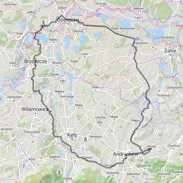 Map miniature of "Oswięcim Adventure" cycling inspiration in Małopolskie, Poland. Generated by Tarmacs.app cycling route planner