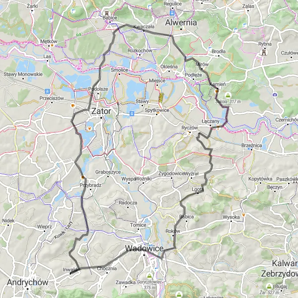 Map miniature of "Road Cycling Adventure from Inwałd to Wadowice" cycling inspiration in Małopolskie, Poland. Generated by Tarmacs.app cycling route planner