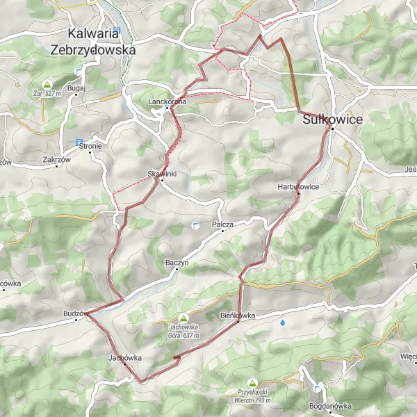 Map miniature of "The Gravel Loop" cycling inspiration in Małopolskie, Poland. Generated by Tarmacs.app cycling route planner