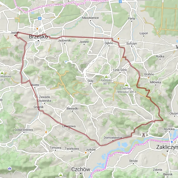 Map miniature of "Gravel Route: Jasień to Brzesko" cycling inspiration in Małopolskie, Poland. Generated by Tarmacs.app cycling route planner