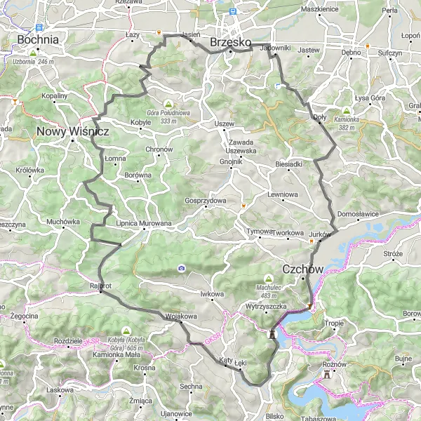 Map miniature of "Road Route: Jasień to Stary Wiśnicz" cycling inspiration in Małopolskie, Poland. Generated by Tarmacs.app cycling route planner