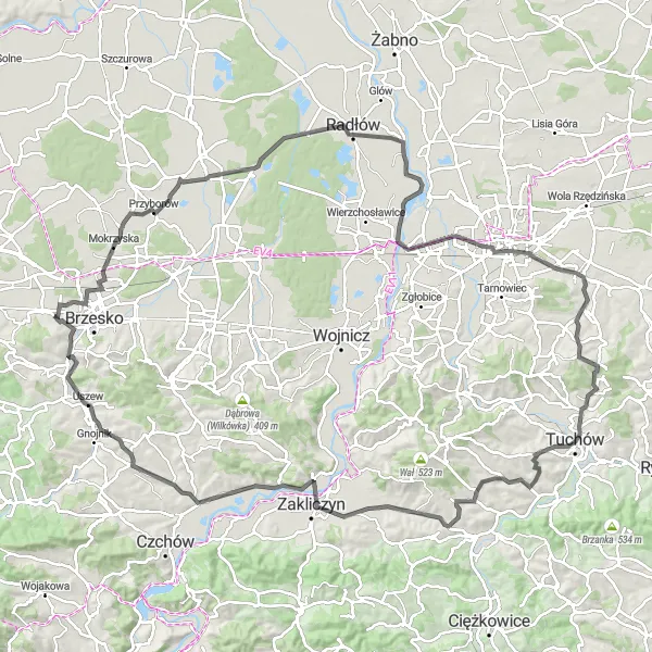 Map miniature of "Road Route: Jasień to Uszew" cycling inspiration in Małopolskie, Poland. Generated by Tarmacs.app cycling route planner