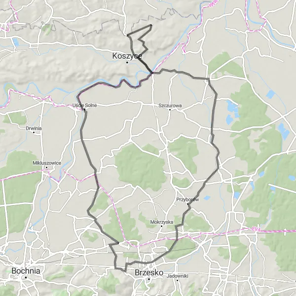 Map miniature of "Road Route: Jasień to Malkowice" cycling inspiration in Małopolskie, Poland. Generated by Tarmacs.app cycling route planner