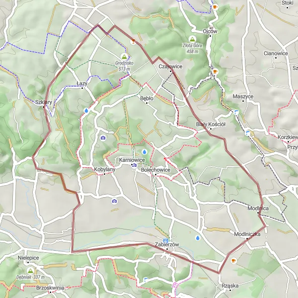 Map miniature of "Kamienna Góra Adventure" cycling inspiration in Małopolskie, Poland. Generated by Tarmacs.app cycling route planner