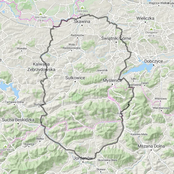 Map miniature of "The Road Challenge" cycling inspiration in Małopolskie, Poland. Generated by Tarmacs.app cycling route planner