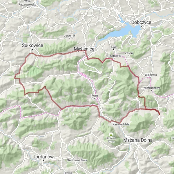 Map miniature of "Rural Gravel Excursion" cycling inspiration in Małopolskie, Poland. Generated by Tarmacs.app cycling route planner