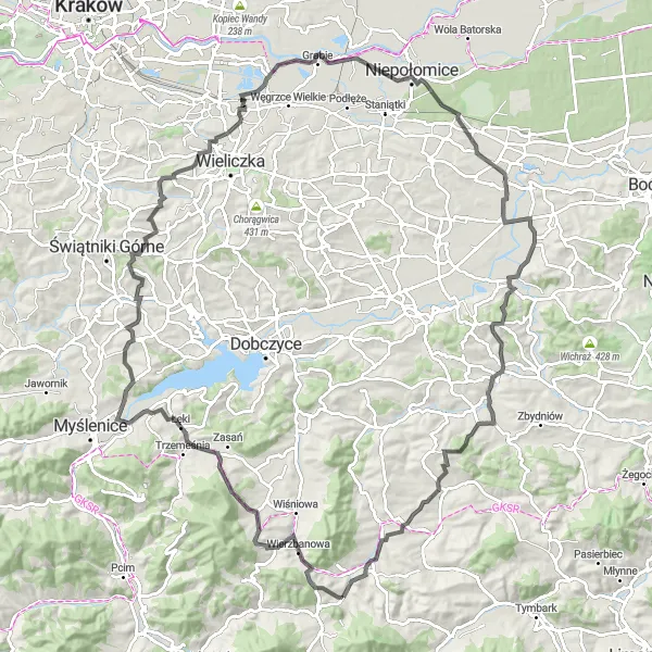 Map miniature of "Mountainous Beauty Road" cycling inspiration in Małopolskie, Poland. Generated by Tarmacs.app cycling route planner