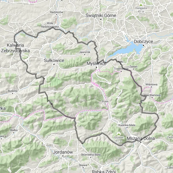 Map miniature of "Kasina Wielka - Gródek Cycling Route" cycling inspiration in Małopolskie, Poland. Generated by Tarmacs.app cycling route planner