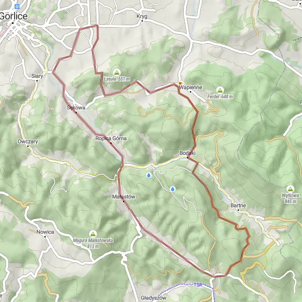 Map miniature of "The Bodaki Gravel Adventure" cycling inspiration in Małopolskie, Poland. Generated by Tarmacs.app cycling route planner