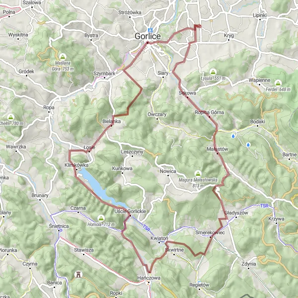 Map miniature of "Off the Beaten Path: Exploring the Wilderness near Kobylanka" cycling inspiration in Małopolskie, Poland. Generated by Tarmacs.app cycling route planner