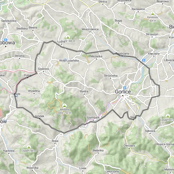 Map miniature of "Scenic Loop: Exploring the Countryside of Kobylanka" cycling inspiration in Małopolskie, Poland. Generated by Tarmacs.app cycling route planner