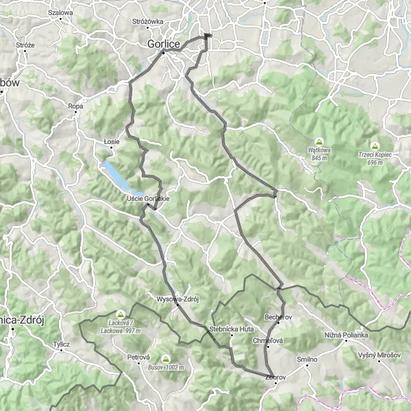 Map miniature of "The Gorlice Mountain Challenge" cycling inspiration in Małopolskie, Poland. Generated by Tarmacs.app cycling route planner