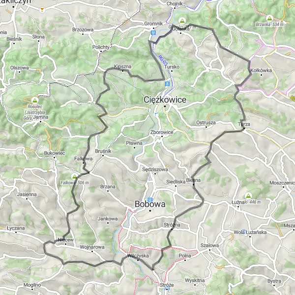 Map miniature of "A Journey Through History" cycling inspiration in Małopolskie, Poland. Generated by Tarmacs.app cycling route planner