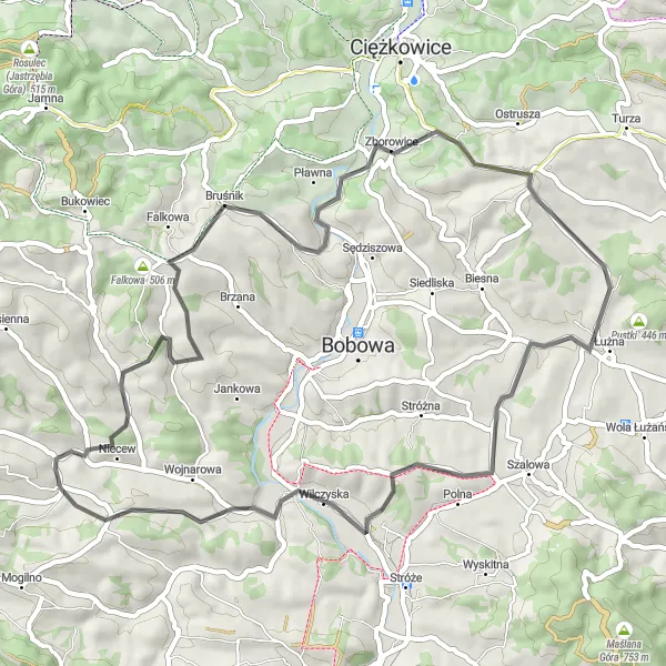 Map miniature of "Korzenna and Surrounding Villages" cycling inspiration in Małopolskie, Poland. Generated by Tarmacs.app cycling route planner