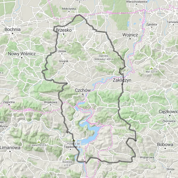 Miniatura mapy "Trasa Pogórza Bukowskiego" - trasy rowerowej w Małopolskie, Poland. Wygenerowane przez planer tras rowerowych Tarmacs.app