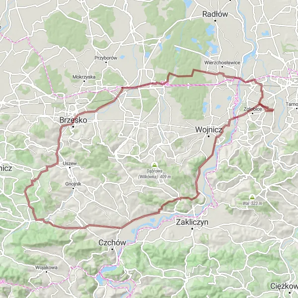 Map miniature of "Challenge the Hills" cycling inspiration in Małopolskie, Poland. Generated by Tarmacs.app cycling route planner