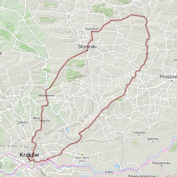 Map miniature of "Kraków to Zerwana Loop" cycling inspiration in Małopolskie, Poland. Generated by Tarmacs.app cycling route planner