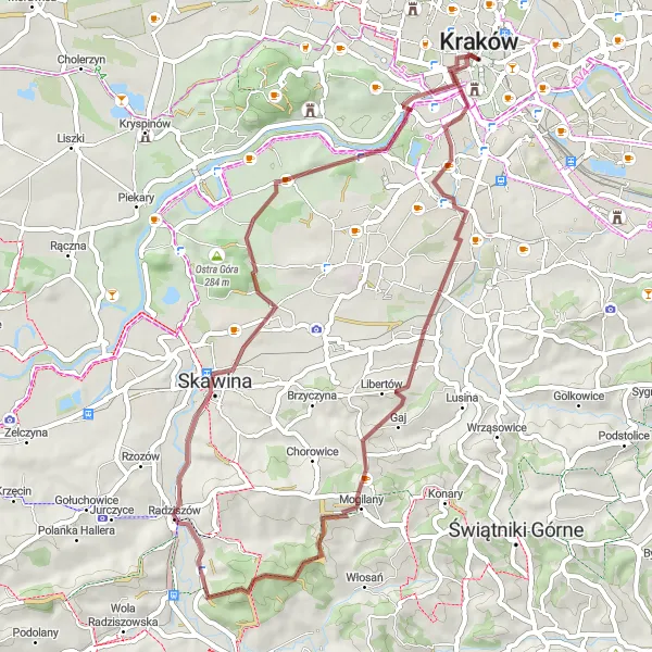 Map miniature of "Kraków to Skarbonka Loop" cycling inspiration in Małopolskie, Poland. Generated by Tarmacs.app cycling route planner