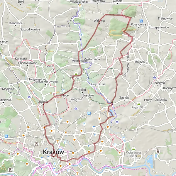 Map miniature of "Exploring Kraków's Gravel Traces" cycling inspiration in Małopolskie, Poland. Generated by Tarmacs.app cycling route planner