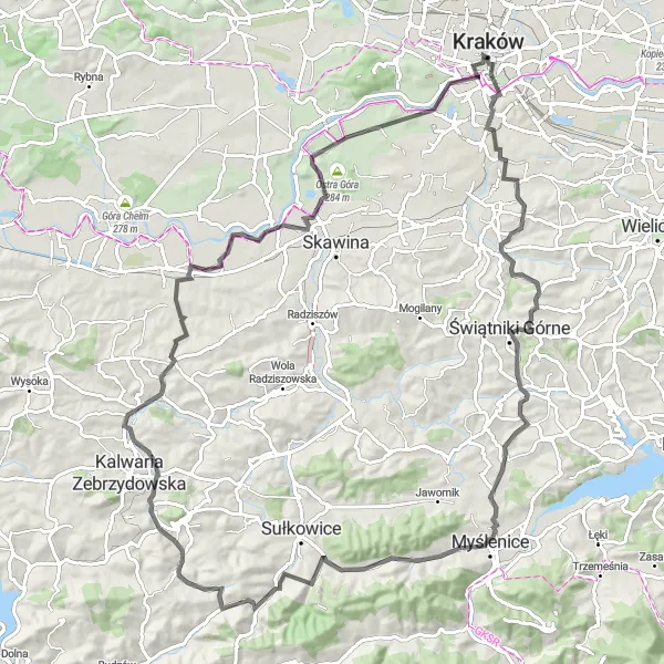 Map miniature of "Kraków to Krzemionki Zakrzowskie Loop" cycling inspiration in Małopolskie, Poland. Generated by Tarmacs.app cycling route planner