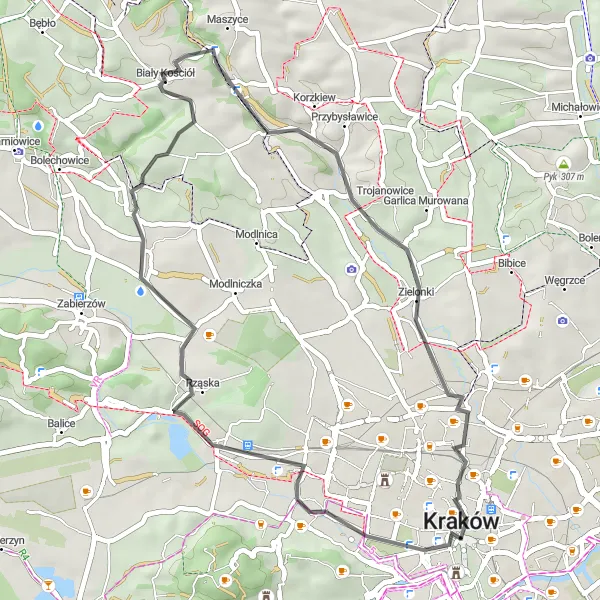 Map miniature of "Road Trip to Charming Villages" cycling inspiration in Małopolskie, Poland. Generated by Tarmacs.app cycling route planner