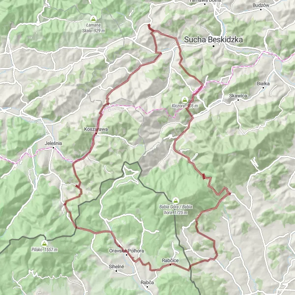 Map miniature of "Mountainous Gravel Challenge" cycling inspiration in Małopolskie, Poland. Generated by Tarmacs.app cycling route planner