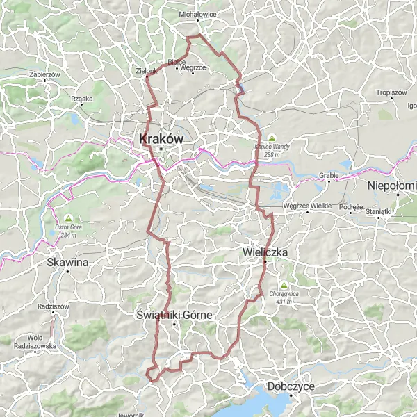 Miniatura mapy "Trasa Gravelowa z Krzyszkowic do Sieprawu" - trasy rowerowej w Małopolskie, Poland. Wygenerowane przez planer tras rowerowych Tarmacs.app