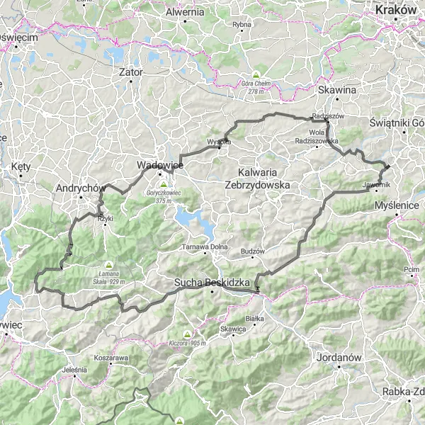 Miniatura mapy "Trasa Szosowa z Krzyszkowic do Głogoczowa" - trasy rowerowej w Małopolskie, Poland. Wygenerowane przez planer tras rowerowych Tarmacs.app