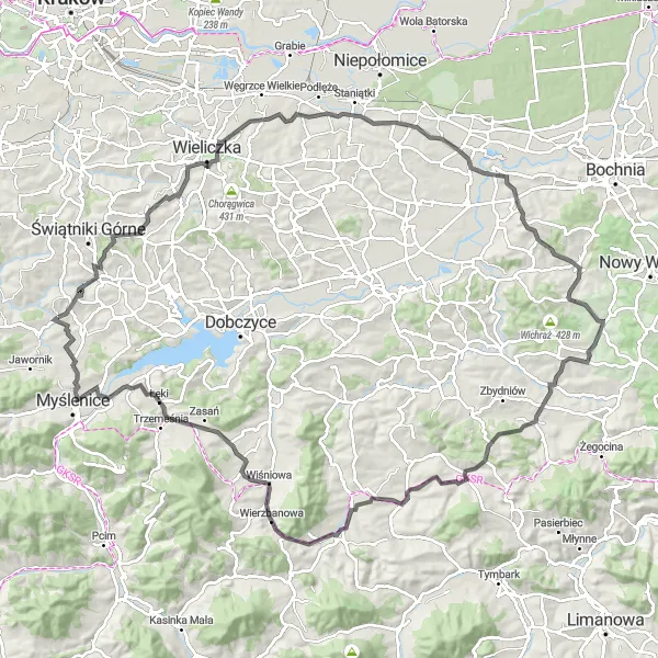 Miniatura mapy "Przez Ochmanów do Tulei" - trasy rowerowej w Małopolskie, Poland. Wygenerowane przez planer tras rowerowych Tarmacs.app