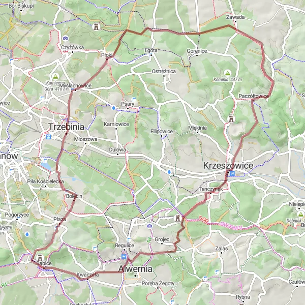 Map miniature of "Gravel Adventure through Scenic Countryside" cycling inspiration in Małopolskie, Poland. Generated by Tarmacs.app cycling route planner