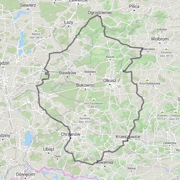 Map miniature of "The Road Expedition" cycling inspiration in Małopolskie, Poland. Generated by Tarmacs.app cycling route planner