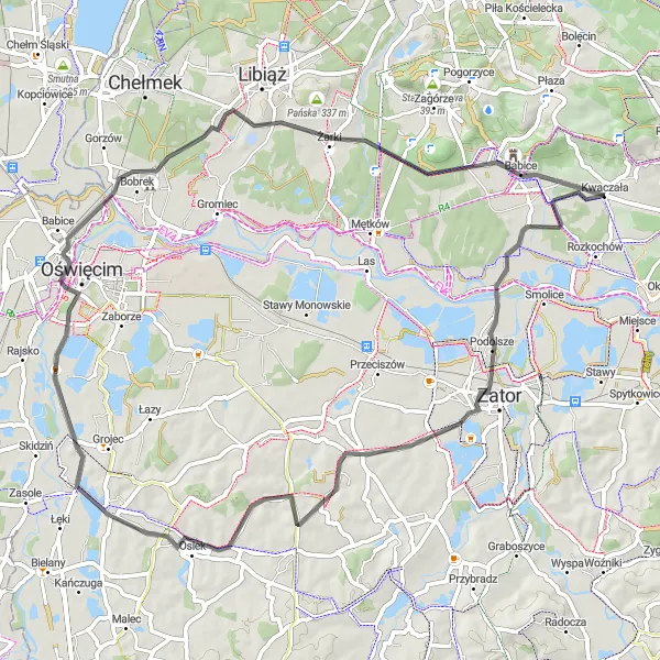 Map miniature of "Scenic Road Route for a Relaxing Ride" cycling inspiration in Małopolskie, Poland. Generated by Tarmacs.app cycling route planner