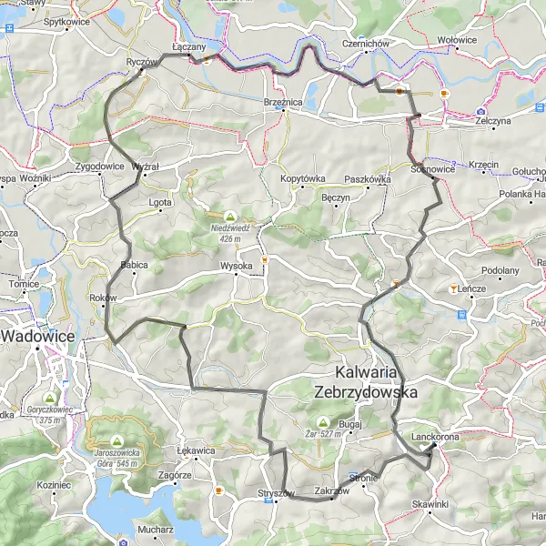 Map miniature of "Charming Countryside Road Cycling Route near Lanckorona" cycling inspiration in Małopolskie, Poland. Generated by Tarmacs.app cycling route planner