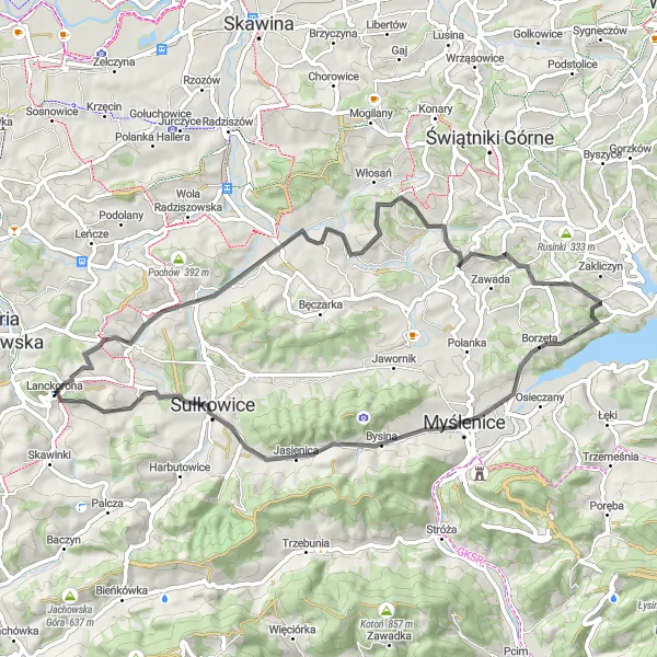 Map miniature of "Scenic Road Ride near Lanckorona" cycling inspiration in Małopolskie, Poland. Generated by Tarmacs.app cycling route planner