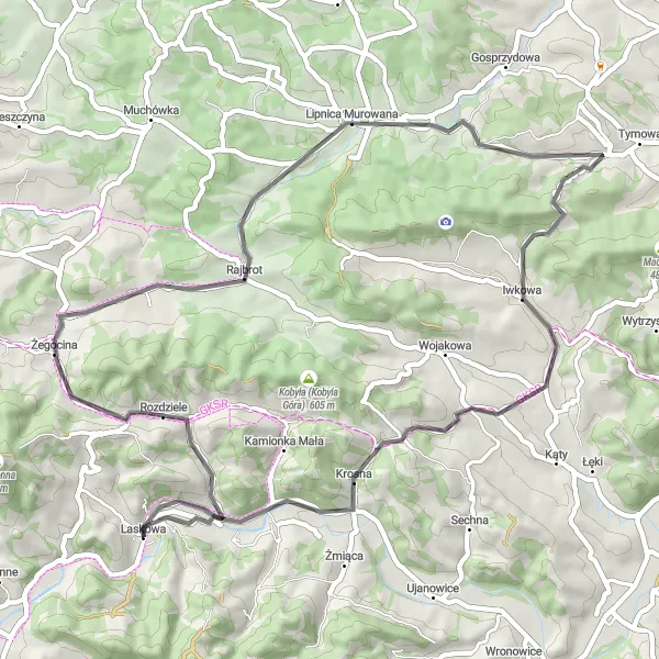 Map miniature of "Laskowa - Rozdziele - Górczyna - Lipnica Murowana - Ostra Góra - Bukowiec (Góra św. Urbana) - Strzeszyce - Laskowa Góra" cycling inspiration in Małopolskie, Poland. Generated by Tarmacs.app cycling route planner
