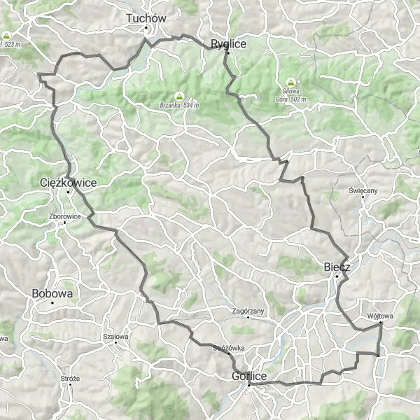 Map miniature of "Road Cycling Adventure" cycling inspiration in Małopolskie, Poland. Generated by Tarmacs.app cycling route planner