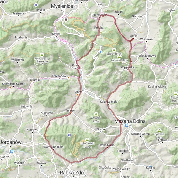 Map miniature of "The Gródek Gravel Adventure" cycling inspiration in Małopolskie, Poland. Generated by Tarmacs.app cycling route planner