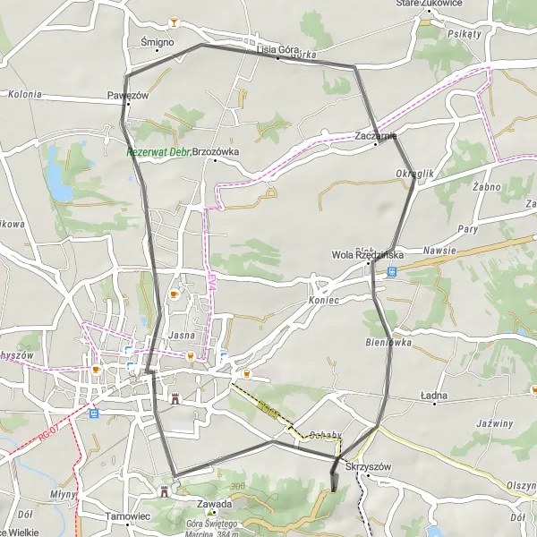 Map miniature of "Lisia Góra Scenic Loop" cycling inspiration in Małopolskie, Poland. Generated by Tarmacs.app cycling route planner