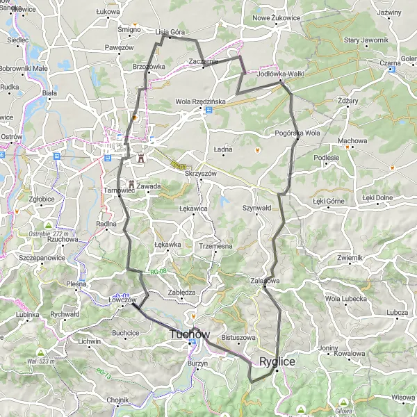 Map miniature of "Tarnów Hills Challenge" cycling inspiration in Małopolskie, Poland. Generated by Tarmacs.app cycling route planner