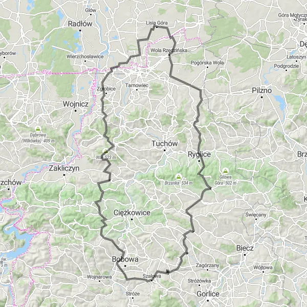 Map miniature of "Lisia Góra Epic Road Cycling" cycling inspiration in Małopolskie, Poland. Generated by Tarmacs.app cycling route planner