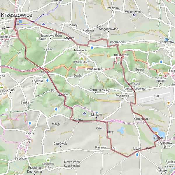 Map miniature of "Scenic Tour around Baczyn" cycling inspiration in Małopolskie, Poland. Generated by Tarmacs.app cycling route planner