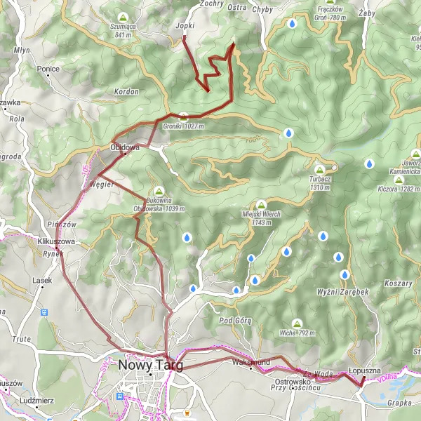 Map miniature of "Valleys and Foothills Exploration" cycling inspiration in Małopolskie, Poland. Generated by Tarmacs.app cycling route planner