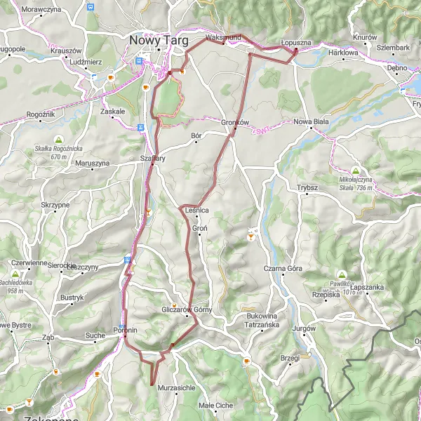 Map miniature of "Gravel Adventure in the Tatras" cycling inspiration in Małopolskie, Poland. Generated by Tarmacs.app cycling route planner