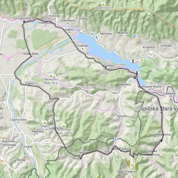 Map miniature of "Exploring Pieniny National Park" cycling inspiration in Małopolskie, Poland. Generated by Tarmacs.app cycling route planner