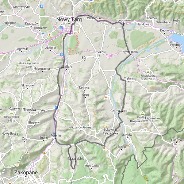 Map miniature of "Tatra Foothills Ramble" cycling inspiration in Małopolskie, Poland. Generated by Tarmacs.app cycling route planner