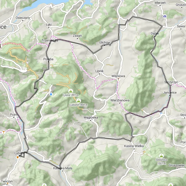 Map miniature of "Lubień - Szczyrzyc Loop" cycling inspiration in Małopolskie, Poland. Generated by Tarmacs.app cycling route planner