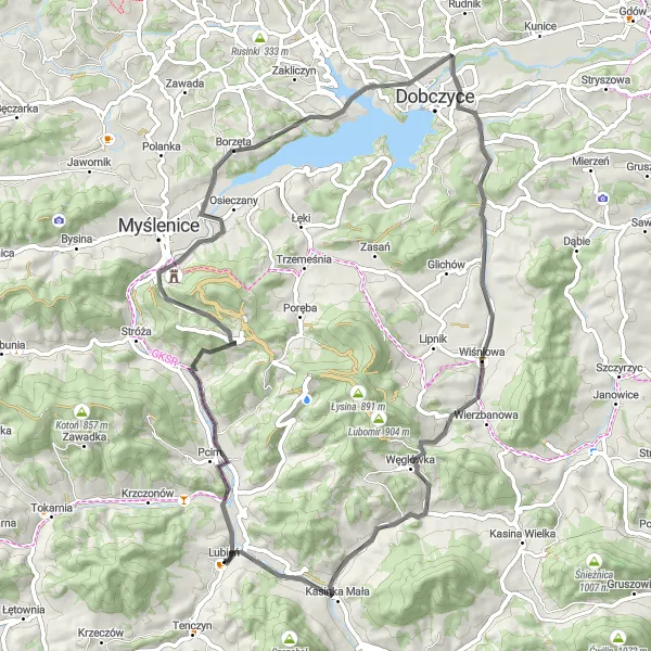 Map miniature of "Road Adventure through Pcim & Gródek" cycling inspiration in Małopolskie, Poland. Generated by Tarmacs.app cycling route planner