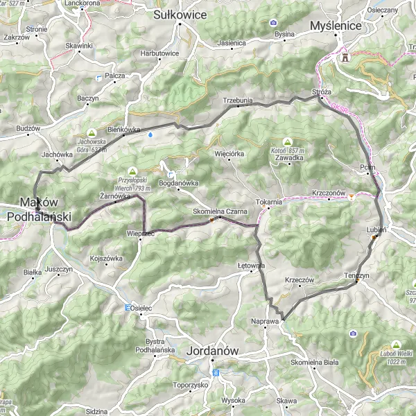 Map miniature of "Serenity Road Loop" cycling inspiration in Małopolskie, Poland. Generated by Tarmacs.app cycling route planner