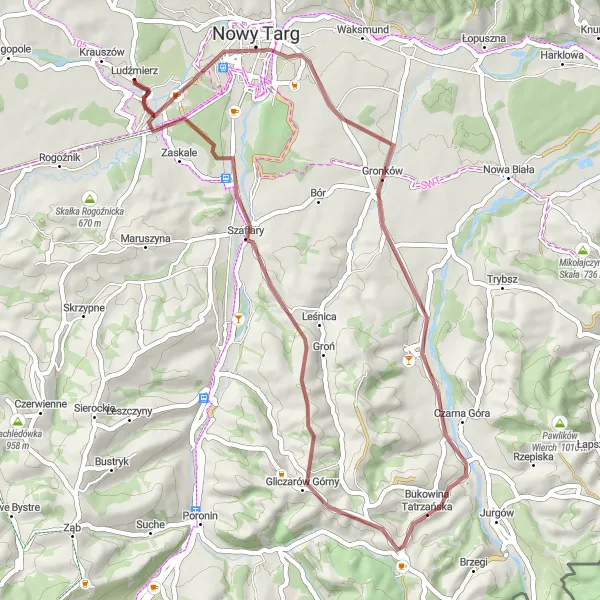 Map miniature of "Gravel Adventure: Bukowina Tatrzańska Circuit" cycling inspiration in Małopolskie, Poland. Generated by Tarmacs.app cycling route planner