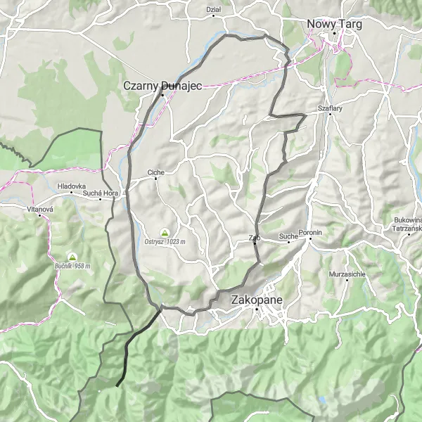 Map miniature of "The Zakopane Escape" cycling inspiration in Małopolskie, Poland. Generated by Tarmacs.app cycling route planner